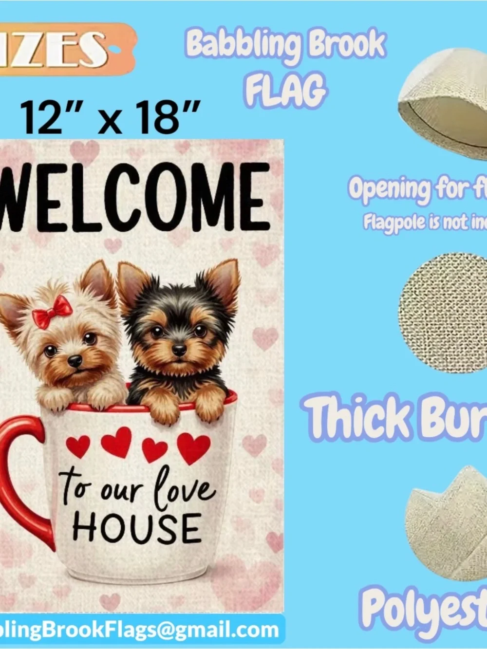 Garden Flag, Double-sided Welcome Yorkie Puppies Burlap approx 12”x18” - Picture 3 of 16